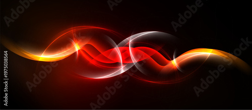 Abstract design features vibrant red, orange glows against black background. Flowing lines create dynamic, energetic visual impact.