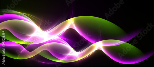 Abstract waves, vibrant colors, luminous energy. Pink, green hues blend, creating dynamic visual effect. Bright center radiates light.