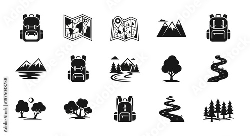 Set of fifteen black and white hiking and camping icons featuring backpacks maps and nature.