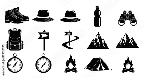 Hiking camping adventure travel icons set.