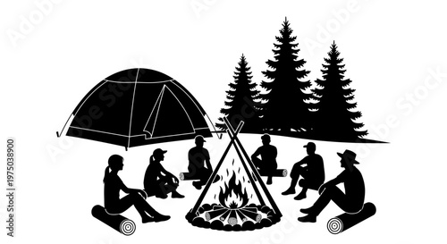 People sitting around campfire together outdoors.