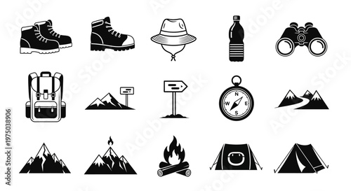 Camping gear and outdoor adventure icons.