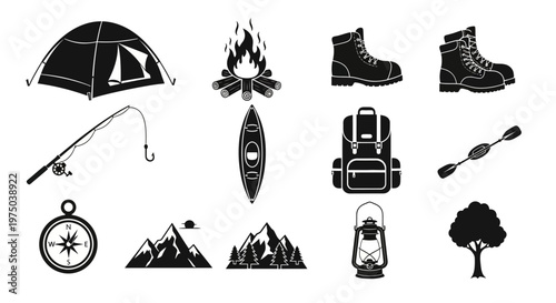 Camping gear and outdoor adventure icons.