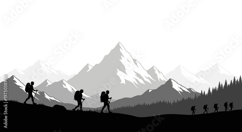 Hikers walking on mountain trail together.
