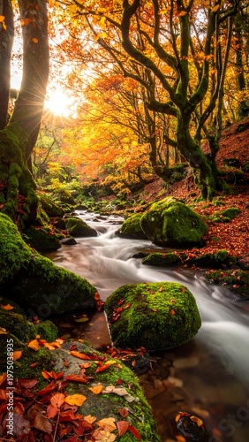 A vibrant autumnal scene of a flowing river, trees, and bright sun casting light upon the forest