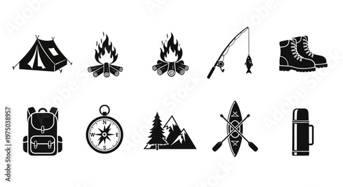 Camping gear and outdoor equipment icons.