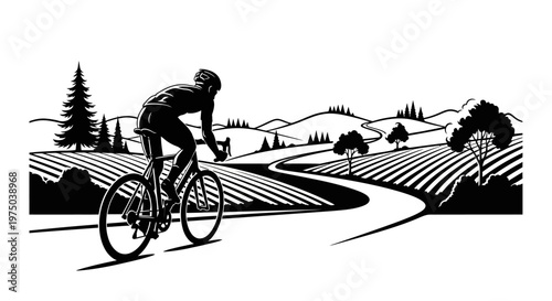 Cyclist Riding on Winding Road Alone.