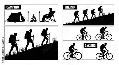 People Hiking And Riding Bicycles Silhouettes.