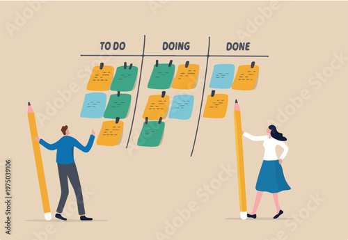 Review work progress on kanban board, todo list, in progress task and finished one, project management or planning for production concept, business people review project progress on kanban bo