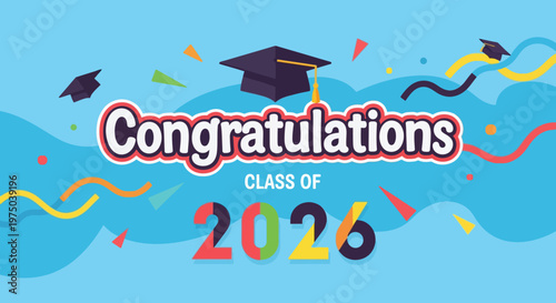 Festive graduating celebration with colorful confetti, caps, and a link to accomplishments marking the class of 2026