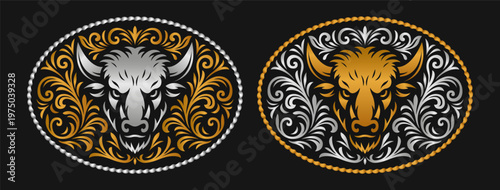 Buffalo american Bison belt buckle tag Label wild west rodeo cowboy style design stylized horn silhouette Western decor swirls vector design