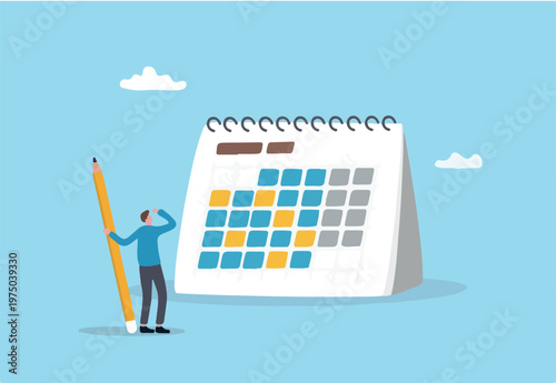 Calendar schedule, event or meeting reminder, date time planning, work deadline or appointment, due date organizer weekly review concept, businessman hold pencil thinking with calendar schedu