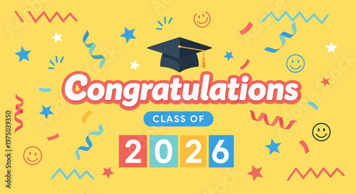 Celebratory Graduation Announcement for the Class of 2026 with Colorful Confetti and Inspirational Elements