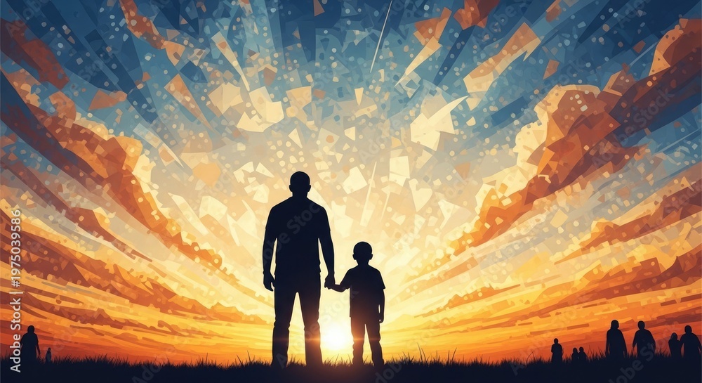 Fototapeta premium Father and son silhouette at sunset a moment of connection and hope