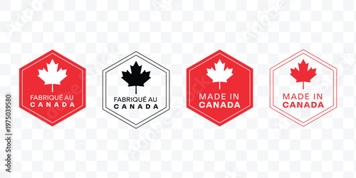 Set of Hexagon Made in Canada and Fabriqué au Canada Vector Badges with Maple Leaf Icon with transparent background vector file