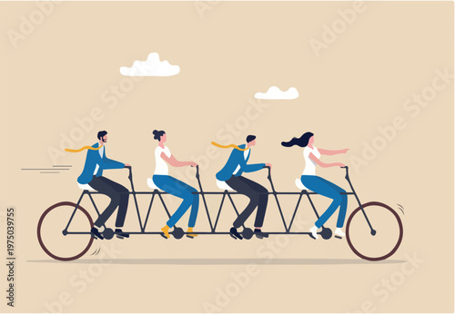 Teamwork working together for success, togetherness or cooperation, collaboration or support other to win together concept, business people employees on tandem bicycle forward metaphor of tea