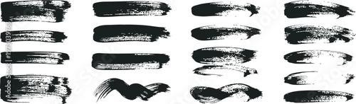 Brush strokes set, bold dried brush strokes grunge acrylic texture hand drawn thick lines rectangles banners sketchy horizontal strokes black ink stencil silhouettes vector