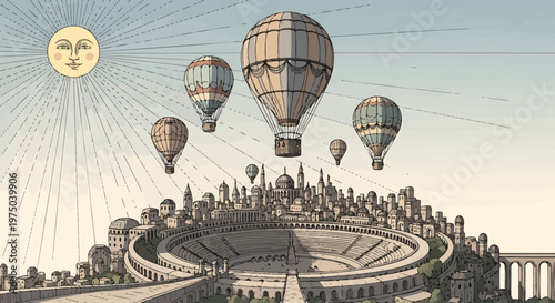 Vintage illustration of hot air balloons flying over ancient cityscape with colosseum
