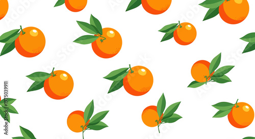 Oranges with green leaves on white seamless pattern background