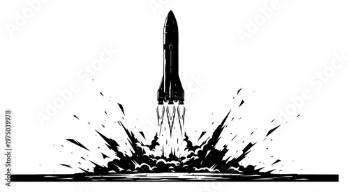Space rocket launching with smoke and fire clouds in minimalist black and white vector style