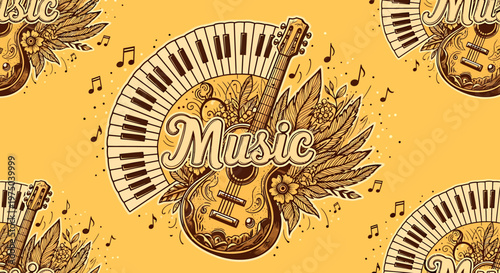 Music instruments and floral patterns on yellow background with musical notes