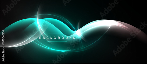 Abstract flowing lines create luminous waves. Teal, white hues dominate dark background. Modern design element.