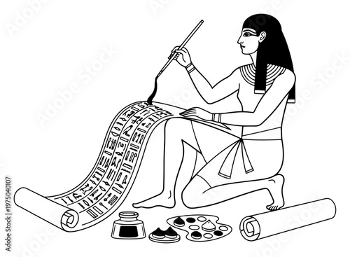 Egyptian scribe writing hieroglyphics on long papyrus scroll in traditional engraving style