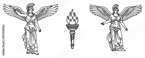 Obraz na płótnie Winged goddess nike figures standing by flaming torch in vintage linear style
