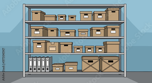 Shelving unit with cardboard boxes and binders on gray floor in storage room interior