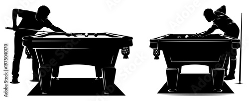 Billiard players in action aiming cue at pool table black silhouette