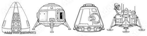 Space exploration vehicle collection featuring lunar lander and rocket modules in line art