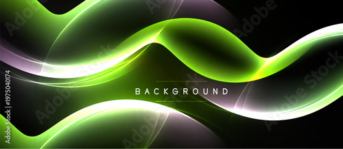 Abstract waves, vibrant green hues, purple accents. Dark background creates dynamic visual effect. Modern design element.