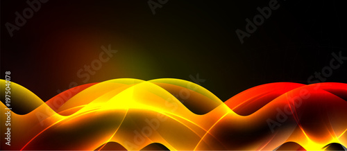 Abstract waves, vibrant colors blend. Warm tones dominate black background. Dynamic energy radiates from flowing forms.