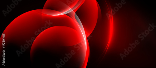 Abstract red shapes overlap, creating dynamic energy. Smooth curves suggest movement, illuminated against dark background.