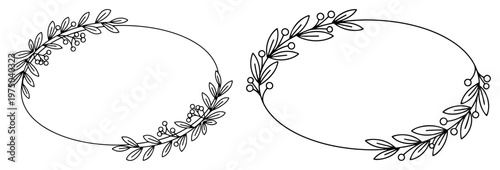 Oval floral wreath frames with delicate leaves and berries in minimalist line art style