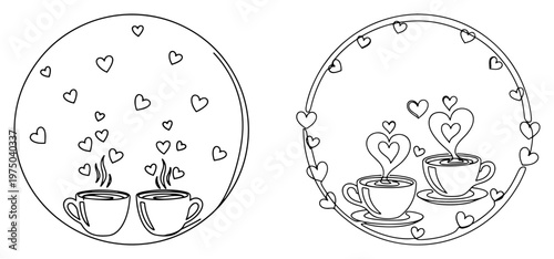 Coffee cups with rising steam and heart shapes in decorative circular frames line art style