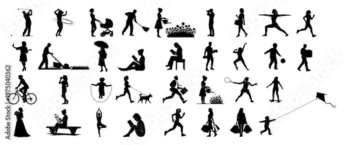 People silhouettes performing various daily activities and sports in flat vector style