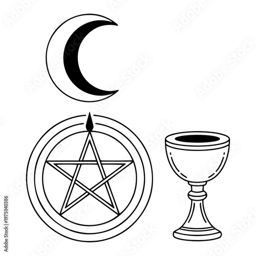 Wiccan symbols set including pentagram crescent moon and ritual chalice in black and white vector style