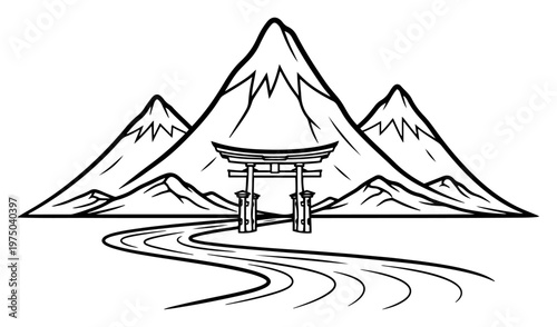 Japanese mountain landscape with torii gate and winding path in black and white vector style