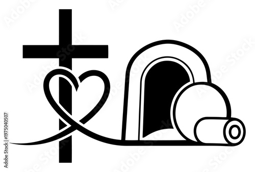 Christian cross with heart and empty tomb in symbolic easter style