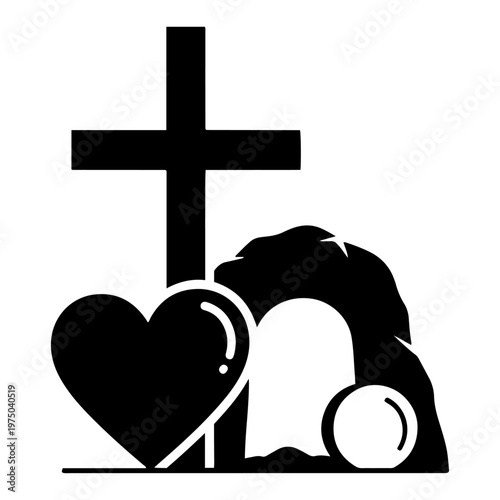 Christian resurrection symbols featuring empty tomb cross and heart silhouette