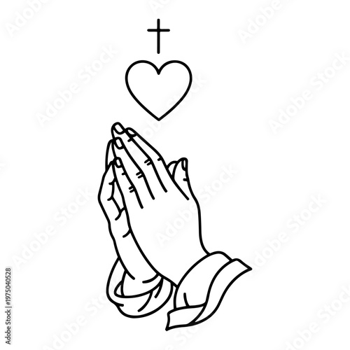 Praying hands with heart and cross symbol in minimal line art style