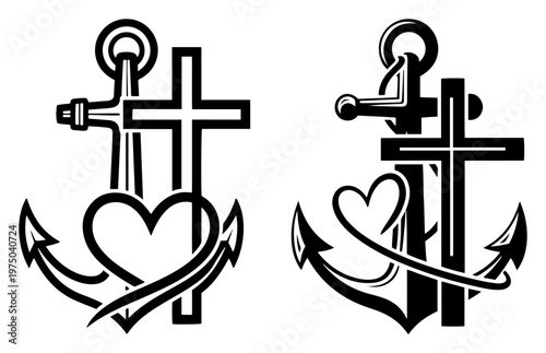 Bilde på lerret Faith hope love symbols featuring anchor cross and heart in bold black line styl
