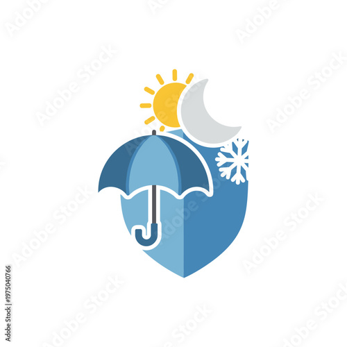 Weather protection icon vector showing shield with sun moon umbrella and snowflake symbols for all season environmental safety insurance concept graphic design element for mobile app and website.