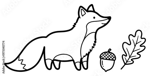 Cute fox with acorn and oak leaf in minimalist forest line art style