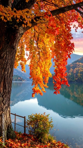 A vibrant autumnal scene of a tree with fiery leaves cascading over tranquil water. Mountains and a colorful sky complete the serene landscape
