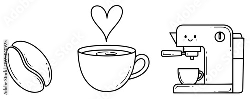 Coffee bean cup and espresso machine collection in line art style