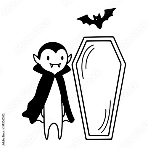 Vampire character with coffin and bat in line art style
