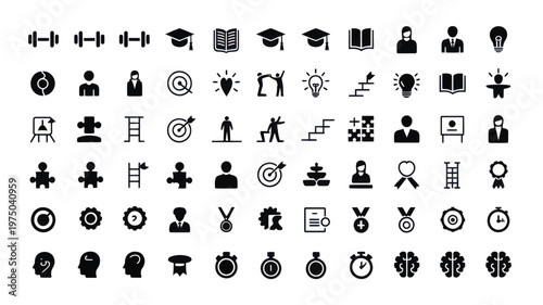 Set of 60 Black and White Success Achievement Vector Icons