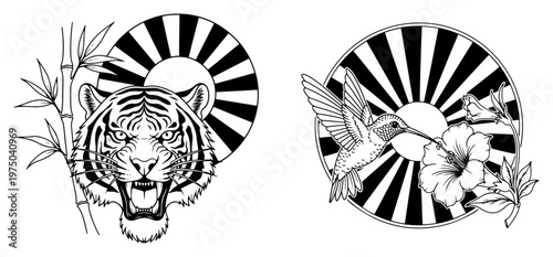 Tiger head and hummingbird with hibiscus flower against sunburst circles in vintage woodcut style